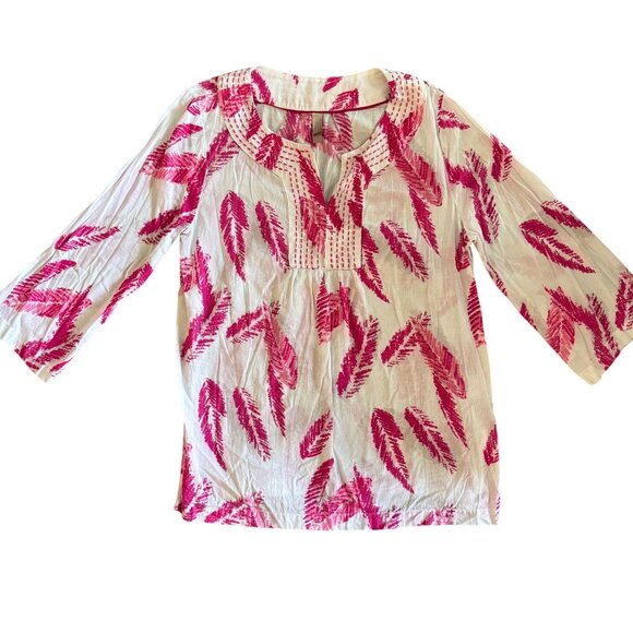 Pink White Leaf Print Womens Boho Tunic L Top 3/4 Sleeves Lightweight - Picture 1 of 10